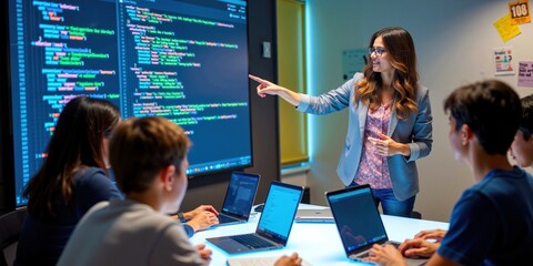 Indian Female Programming Teacher Explains Coding to Engaged Students in Tech Classroom