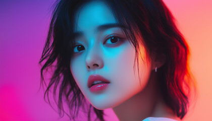 Naklejka premium Portrait of a young Asian woman with short black hair, illuminated by vibrant pink and blue lighting, creating a moody and artistic atmosphere.
