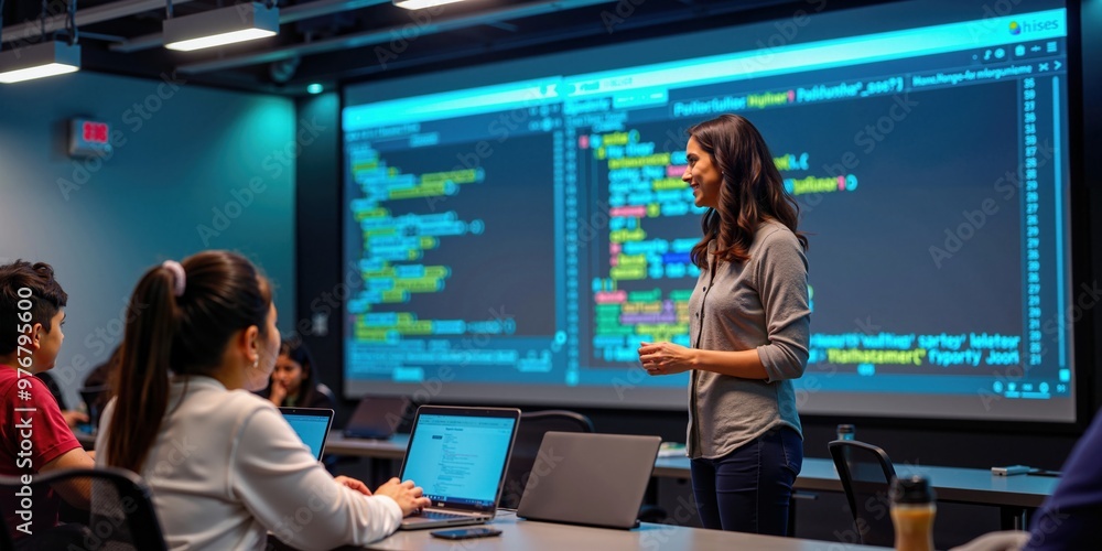Wall mural indian female programming teacher explains coding to engaged students in tech classroom