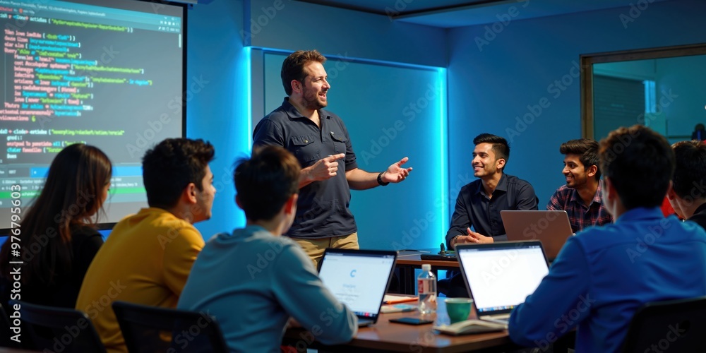Wall mural indian male programming teacher explains coding to engaged students in tech classroom