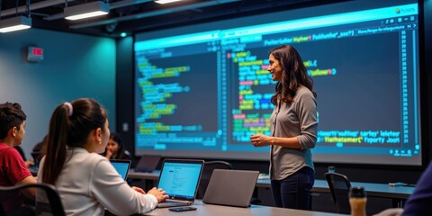Indian Female Programming Teacher Explains Coding to Engaged Students in Tech Classroom