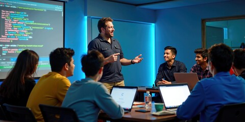 Indian Male Programming Teacher Explains Coding to Engaged Students in Tech Classroom