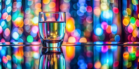 a close up of a glass of water with colorful lights behind it abstract background. Generative AI