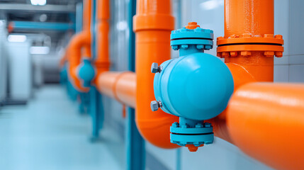 Fototapeta premium Vibrant industrial plumbing with orange and blue pipes, showcasing a modern water flow system