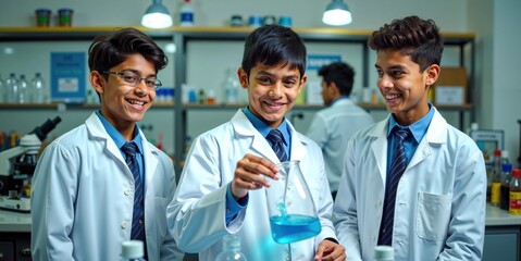 Young Indian Male Students Working Together in Chemistry Lab Experiment Session