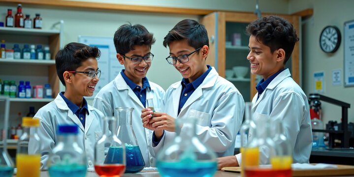 Young Indian Male Students Working Together in Chemistry Lab Experiment Session