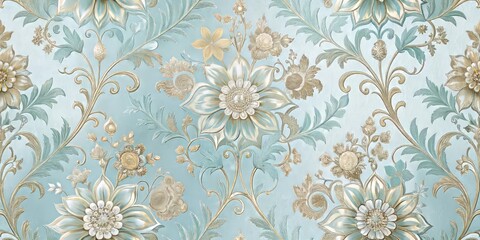 Pale blue wallpaper with intricate floral patterns and a shimmering metallic finish adds mesmerizing elegance to any