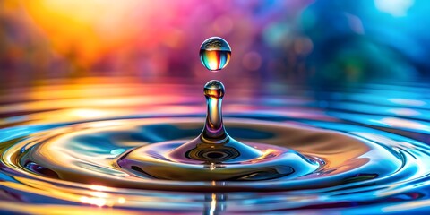 a drop of water that is reflecting the colors of the rainbow reflected on a water surface. Generative AI