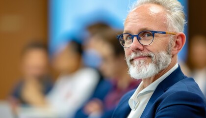 Close-up Portrait of a Senior Man with Gray Hair and Beard Wearing Glasses and a Blue Suit