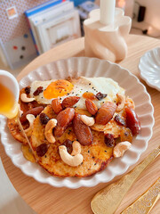 Healthy banana oatmeal pancakes with sunny side up egg recipe. Simple brunch menu. Morning time. Fresh meal. Delicious food. Scandinavian style. Homemade food. Cooking recipes. Dessert. Fruits. Seeds.