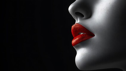 Close-up of a stylized lips with red lipstick against a dark background.