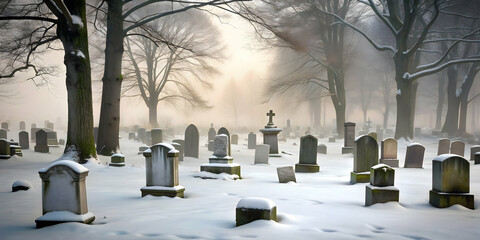 Foggy old cemetery with snow-covered crosses and headstones, cemetery, foggy, old, snow-covered, crosses, headstones, winter