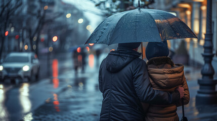 Couple walking under an umbrella on a rainy city street
