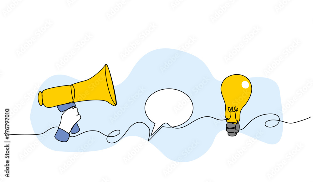 Poster vector illustration of conveying ideas via megaphone and chat. modern flat in continuous line style.