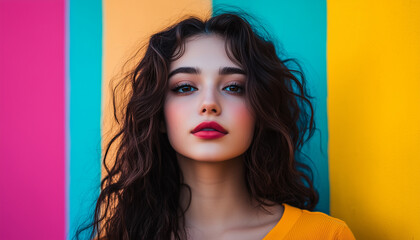 A young woman with long, curly hair stands in front of a vibrant, colorful background, showcasing a striking mix of pink, blue, and yellow sections.