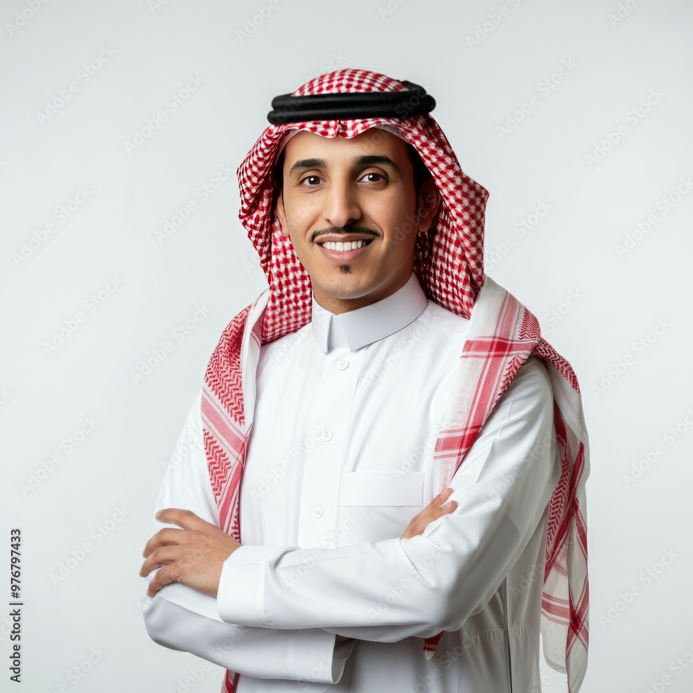 Wall mural Confident Saudi Arabian Man Smiling in Traditional Thobe and Shemagh Against White Background