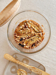Healthy banana cake recipes. No sugar and Flour. Easy baking. Delicious dessert. Cafe menu. homemade cake. Bakery shop. Lifestyle. Scandinavian. Tasty. Gluten free. Yummy. Healthy snack. Mixed seeds. 
