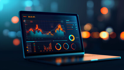 Laptop Showing Stock Market Data on Screen with Bokeh Lights