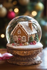 A gingerbread house is inside a glass snow globe. The house is decorated with gingerbread and has a chimney