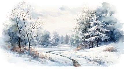Fototapeta premium Watercolor painting empty panoramic winter background with copy space