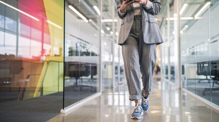 A professional woman walks confidently down a modern office hallway, blending business and casual fashion. She wears a blazer with relaxed-fit pants and sneakers. 