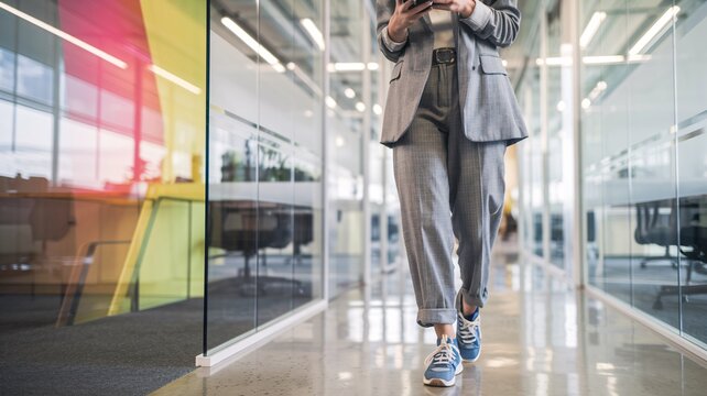 A professional woman walks confidently down a modern office hallway, blending business and casual fashion. She wears a blazer with relaxed-fit pants and sneakers.  - Powered by Adobe
