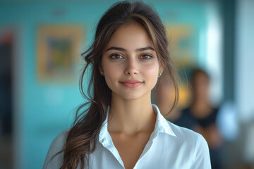 Naklejka premium young indian business woman standing at office