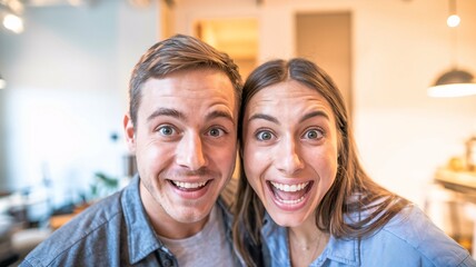 Obraz premium Excited Couple Celebrating New Home or Success. A young, happy couple stands in the doorway of their new home or office, celebrating a milestone.