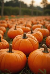 Ripe orange pumpkins in autumn field, Halloween