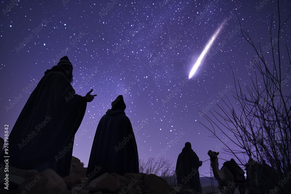 Wall mural a group of men are looking up at a shooting star. the sky is dark and the stars are shining brightly