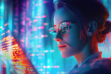 young woman reading analytics and holograms of data