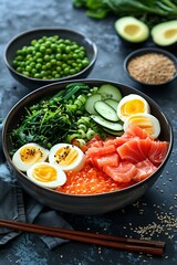 A vibrant sushi bowl with fresh salmon, eggs, peas, greens, and cucumber, presented in a colorful and appetizing manner
