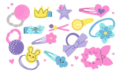 Hand drawn hair accessories. Female hair cartoon scrunchies, headbands, hair tie and elastic bands flat vector illustration set. Hair accessory doodle collection