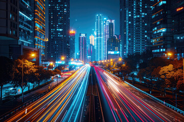 Fototapeta premium Vehicle trajectories on city roads at night
