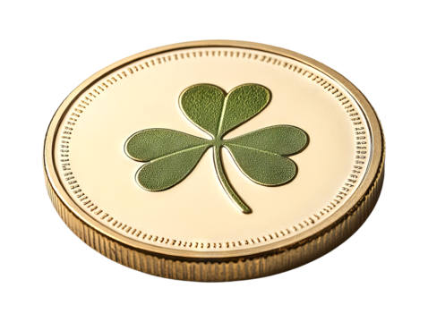 A decorative coin featuring a green shamrock, symbolizing luck and prosperity, ideal for St. Patrick's Day themes.