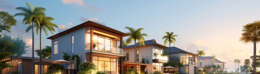 Fototapeta premium Modern Tropical Villa with Palm Trees at Sunset