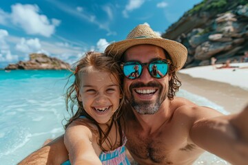 Fototapeta premium Happy family taking a selfie in the ocean on summer vacation