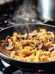 Pasta in Frying Pan with Mushrooms
