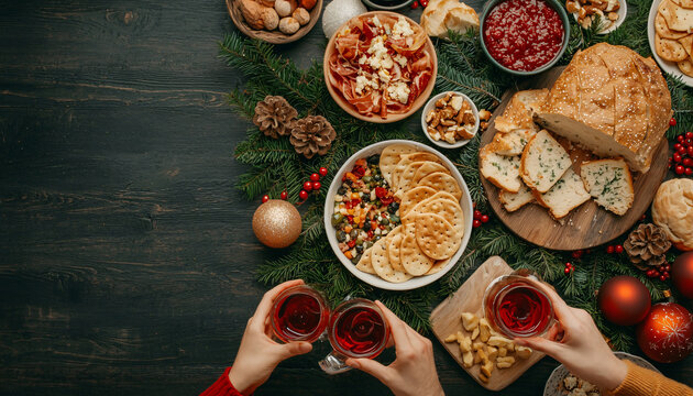 Delicious holiday feast setting with festive drinks and a variety of dishes on a rustic table