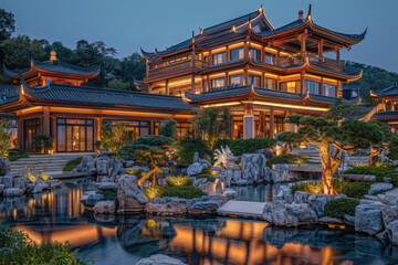 Fototapeta premium Chinese architecture at night, pavilions and towers