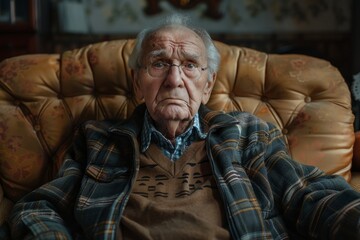 Obraz premium Serious senior man sitting on a vintage couch