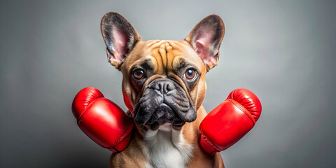 French Bulldog wearing red boxing gloves ready for a fight , animal, French Bulldog, dog, boxing gloves, red