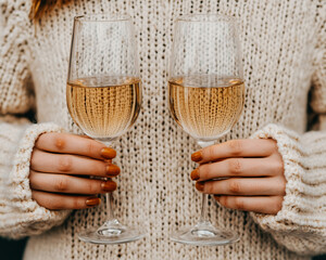Two elegant glasses of sparkling wine held by a person in a cozy, knitted sweater