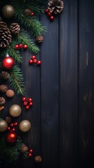 Christmas decoration frame on wooden background, fir tree branch, red and blue baubles