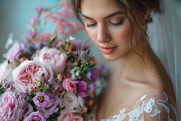 Naklejka premium Bride holding bouquet of colorful flowers
