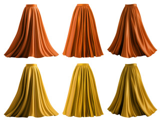 2 Set of yellow orange gold maxi long pleated flowy flare skirt, front back side twirl view on transparent background cutout, PNG. Many different angle. Mockup template for artwork graphic design