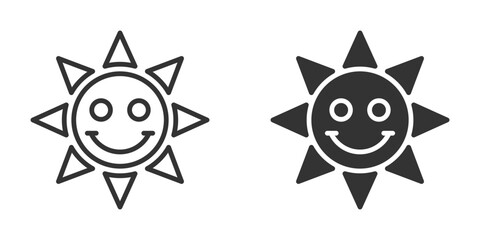Minimalistic sun icon in both outline and solid styles, featuring a smiling face. Perfect for weather, summer, or happiness themes. Vector illustration.
