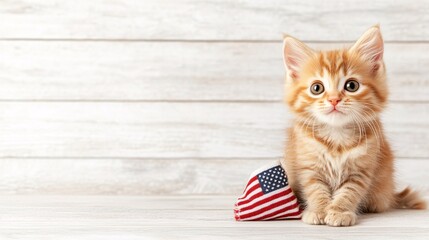 Playful Kitten Celebrating National Cat Day with American Flag - Adorable Feline Embracing Festive Spirit and Patriotism in a Whimsical Setting