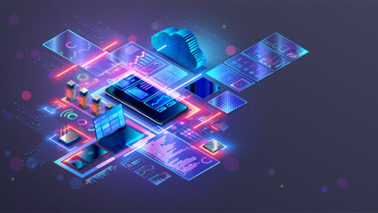 Web design concept. Website design for mobile phone. Web site, mobile app development concept. Isometric phone with responsive layout web pages, internet design elements, software development icons.