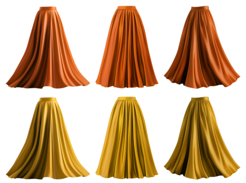 2 Set of yellow orange gold maxi long pleated flowy flare skirt, front back side twirl view on transparent background cutout, PNG. Many different angle. Mockup template for artwork graphic design